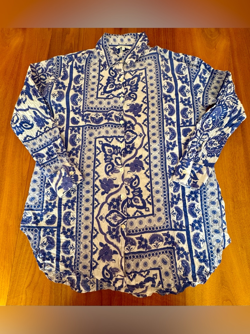 Blue Island Blue & White Floral Bandana Cotton Shirt/Swim Suit Cover-Up, small